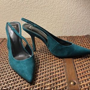 Green suede slingback. 3 3/4 inch heel! New in box, never worn. W size 11.